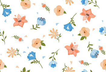 Floral seamless pattern. Repeating graphic element for printing on gift wrapping. Spring and summer season, floristry and botany, plants. Poster or banner for website. Cartoon flat vector illustration