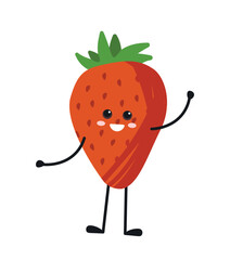 Happy strawberry icon. Sticker for social networks. Natural, organic and fresh product, food with vitamins. Juicy fruits, vegetarian diet and proper nutrition. Cartoon flat vector illustration