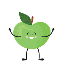 Happy apple icon. Sticker for social networks. Natural, organic and fresh green product. Emotions, feelings, gesture and expression. Graphic element for website. Cartoon flat vector illustration