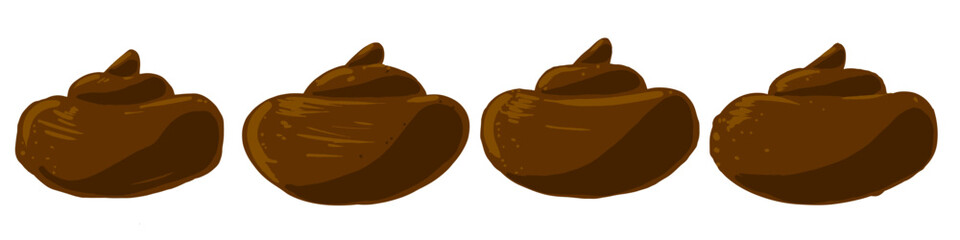 Cartoon poop in a row on a white background. Vector excrement in brown color with highlights. Stock image of an animal waste product.
