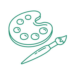 Green hand drawn palette with brush. Stickers for social networks. Set for creativity and art. Training and education, development of creative skills in children. Cartoon flat vector illustration