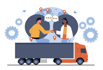 Concept of logistics. Man and woman building route for truck, companies making deal. International trade and transportation, home delivery. Persons shake hands. Cartoon flat vector illustration