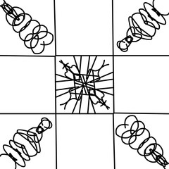 Set of three seamless patterns. Hand drawn various doodle shapes and objects. Abstract contemporary modern trendy vector illustration. Stamp texture. Each pattern is isolated