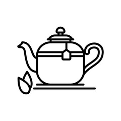 Teapot icon with tea bag and leaves in black outline style