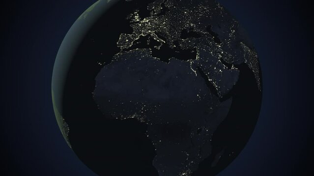 Seamless looping animation of the earth at night zooming in to the 3d map of Iraq with the capital and the biggest cites in 4K resolution