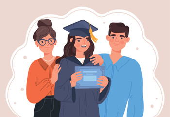 Graduation student concept. Girl in cap with diploma next to her father and mother. Young specialist graduated from university. Education and learning, training. Cartoon flat vector illustration