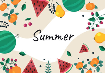Summer time concept. Poster or banner for website with fruits. Place for text and presentation. Pieces of watermelon, strawberries and other berries. Hot season. Cartoon flat vector illustration