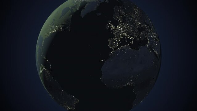 Seamless looping animation of the earth at night zooming in to the 3d map of Ireland with the capital and the biggest cites in 4K resolution