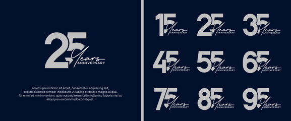 set of anniversary logo flat silver color on dark blue background for celebration moment - obrazy, fototapety, plakaty