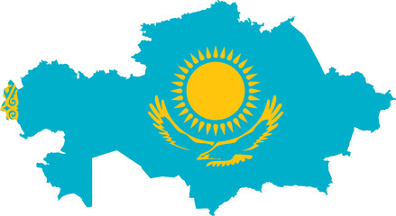 Kazakhstan Map Flag. Kazakhstani Border Boundary Country Shape Nation National Outline Atlas Flag Sign Symbol Banner. Transparent PNG Flattened JPG Flat JPEG - obrazy, fototapety, plakaty