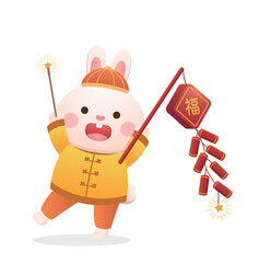 Cute rabbit character or mascot with firecrackers for Chinese New Year, Year of the Rabbit, vector cartoon style, Chinese translation: Blessing