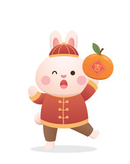 Cute rabbit character or mascot with tangerine, Chinese lunar new year elements, year of the rabbit, vector cartoon style, Chinese translation: auspicious