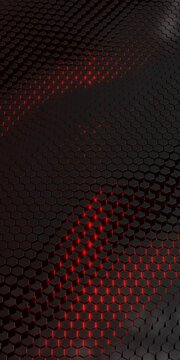 Hexagon prisma wave, waving, dark, metallic surface, red light, hard surface, loop, for mobile, 3D abstract