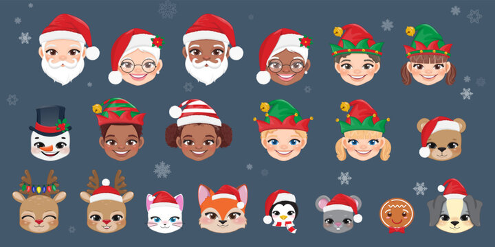 Set of Christmas characters heads, Santa Claus, Mrs. Claus, elves, snowmen and cute animal Vector, cartoon characters for design