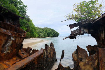 Inside a rusty shipwreck with sides of ship decomposing and views of white sandy tree-lined beach...