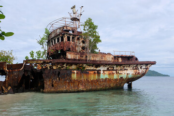View of a rusty shipwreck on the coastline of remote tropical island Arovo in Bougainville, Papua...