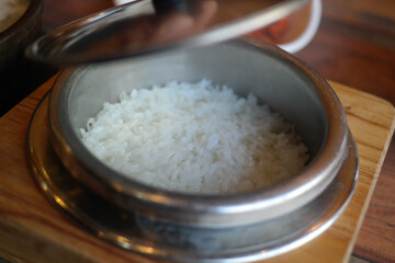 Korean rice cooked in a cast iron pot