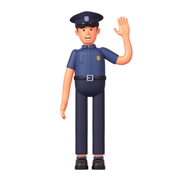 3d render of cheerful police officer greeting, waving hand