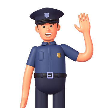 3d render of cheerful police officer greeting, waving hand