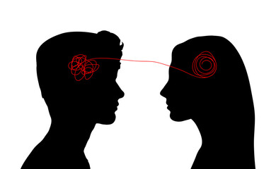 Boy and girl. Abstract concept tangled brain, therapist, patient. Two humans head silhouette psycho therapy concept. Therapist and patient. Vector illustration