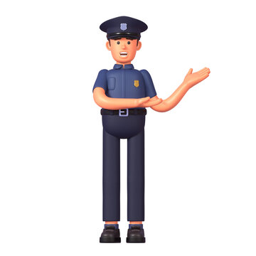 3d render of police officer pointing to side, presentation