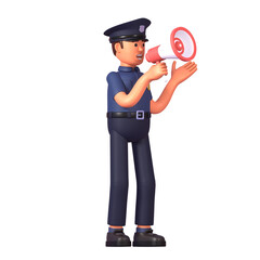 3d render of police officer holding megaphone, making speech, announcement