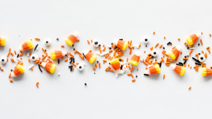 Candy corn, eyeballs and Halloween sprinkles, against a white background.