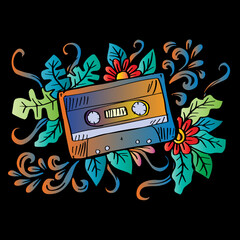 Cassette doodle hand drawing with floral decoration.