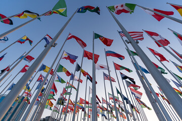 Flags of the different countries against the blue sky - obrazy, fototapety, plakaty