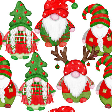 Hand drawn seamless watercolor pattern with Christmas scandinavian gnomes. Red green festive nordic ornament cute hats funny winter background.
