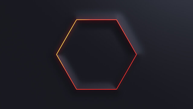Minimalist Tech Background with Raised Hexagon and Orange Illuminated Trim. Black Surface with Embossed 3D Shape. 3D Render.