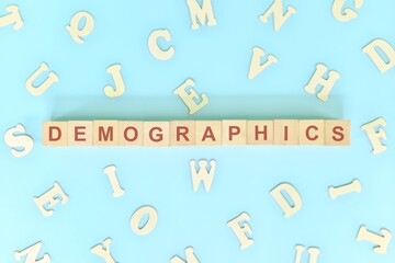 Demographics target for business marketing and advertising concept. Word typography flat lay in...