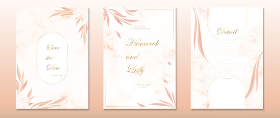 Wedding invitation card template orange background floral design luxury with gold frame and watercolor texture