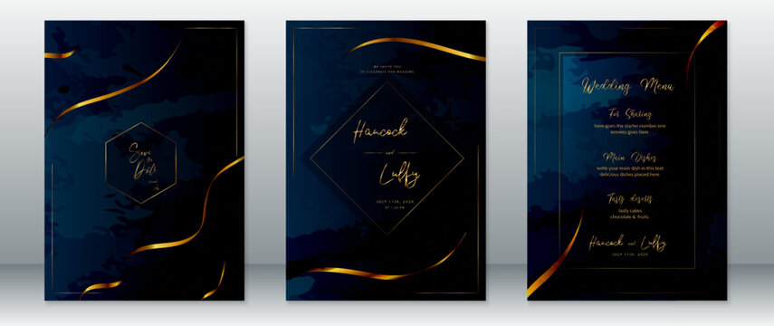 Golden wedding invitation card template luxury design with gold frame and dark navy background