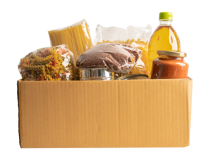 Foodstuff for donation, storage and delivery. Various food, pasta, cooking oil and canned food in cardboard box.