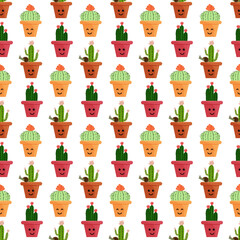 Cute and funny cacti in clay pots. Seamless pattern. Vector illustration isolated on white background. For prints, posters, covers and brochures, clothes.