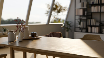 Close-up image, Empty copy space on wooden dining table in minimal and cozy home living room