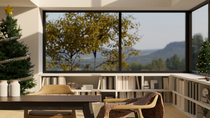 Scandinavian and cozy home living room with copy space on dark wood tabletop, wood armchairs