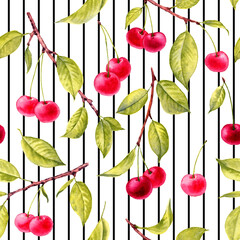 seamless pattern with watercolor drawing cherry tree branches with green leaves and red berries and black stripes at white background , hand drawn botanical illustration