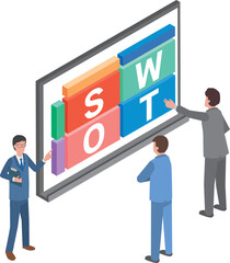 フレームワークのSWOT分析で話し合う会社員