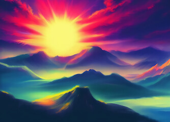 sunset over mountains, colorful landscape 02