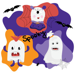 Spooky Doodle Halloween Characters with Bats and Spider Webs, Premium Vector