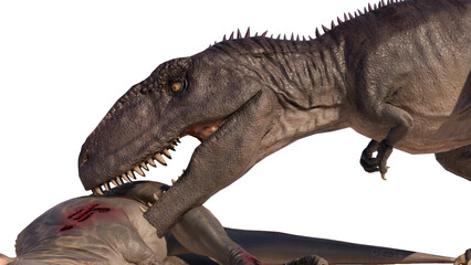 Giganotosaurus dinosaur eats meat and roars on a blank background PNG