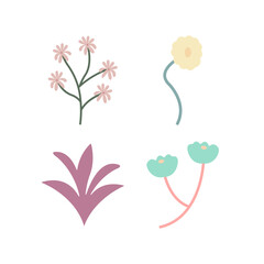 set of abstract collection of leaves and flowers. Vector illustration in flat style.