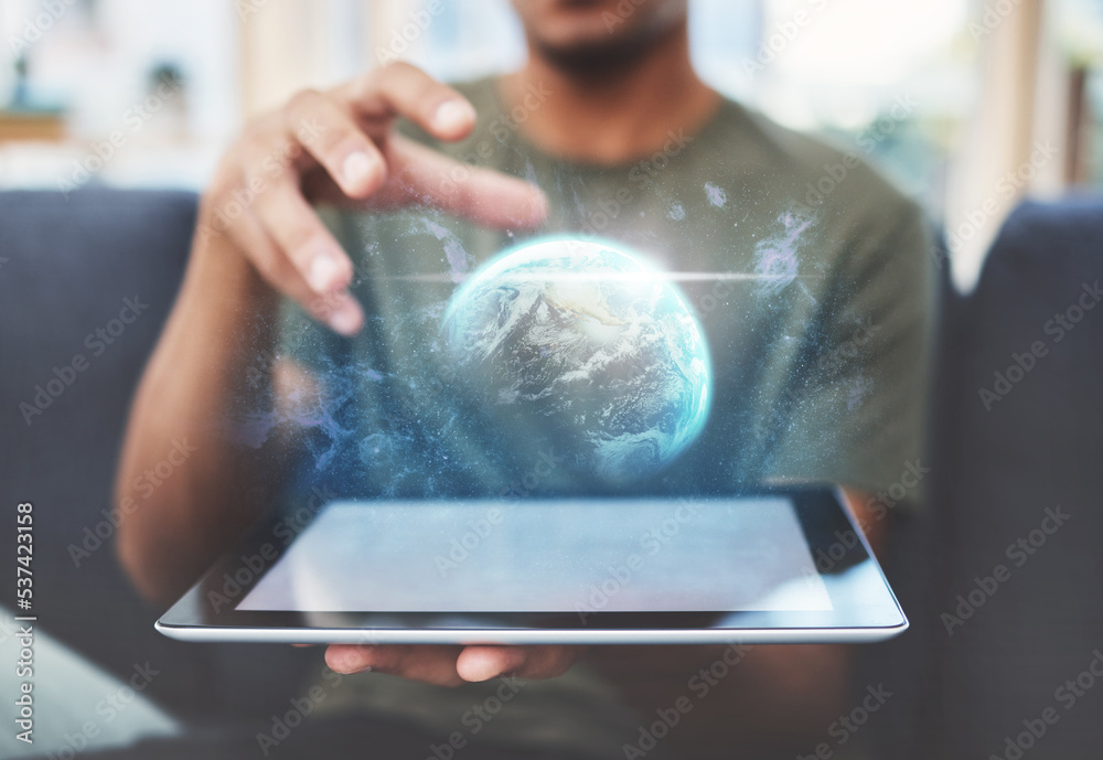 Leinwandbilder Hologram, global and tablet with hands of man for technology abstract, augmented reality and networking with digital innovation. Data, future and cyber galaxy user for vision, website and internet