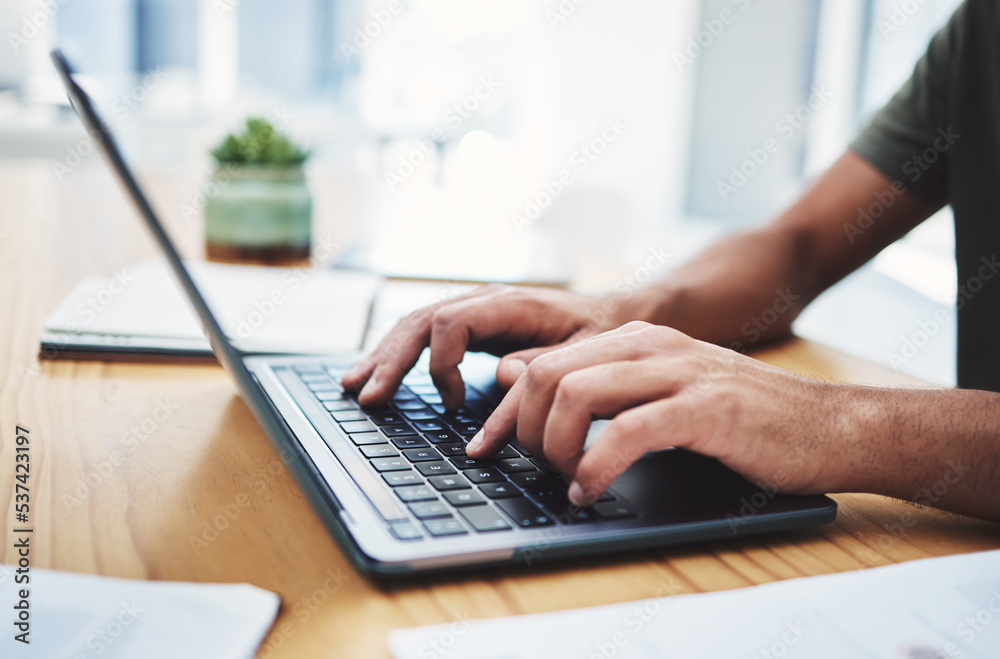 Poster Search, typing and laptop with hands of man and working on communication, networking or internet research. Contact, email and 5g technology with employee at desk for social media, digital and website