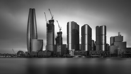 black and white fine art view of Barangaroo buildings from Pyrmont