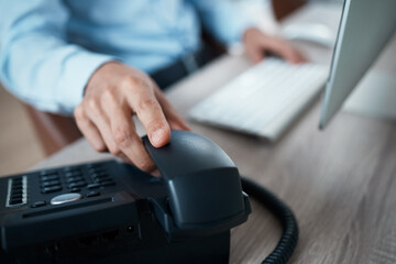 Hand of receptionist on telephone, person contact us in business office and communication at help...