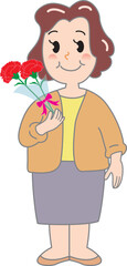 カーネーションの花束を持つお母さん
