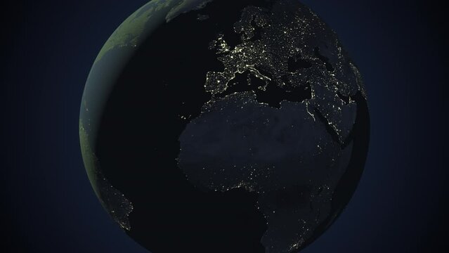 Seamless looping animation of the earth at night zooming in to the 3d map of Kosovo with the capital and the biggest cites in 4K resolution